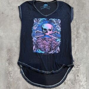 y2k black, pink, & blue skull and rose graphic semi sheer flowy top xs